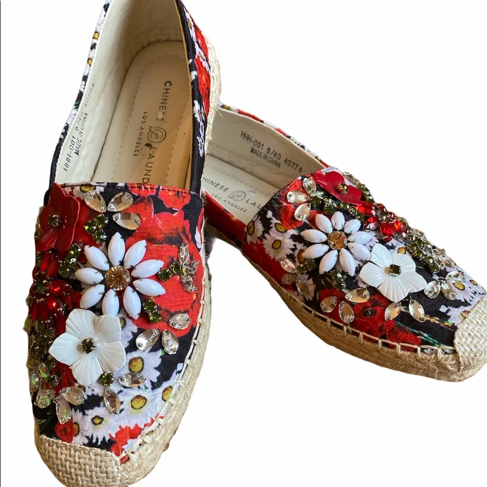 Chinese‎ Laundry Women's Hayden Ballet Flat Red Floral US Size 9 Beaded Eclectic